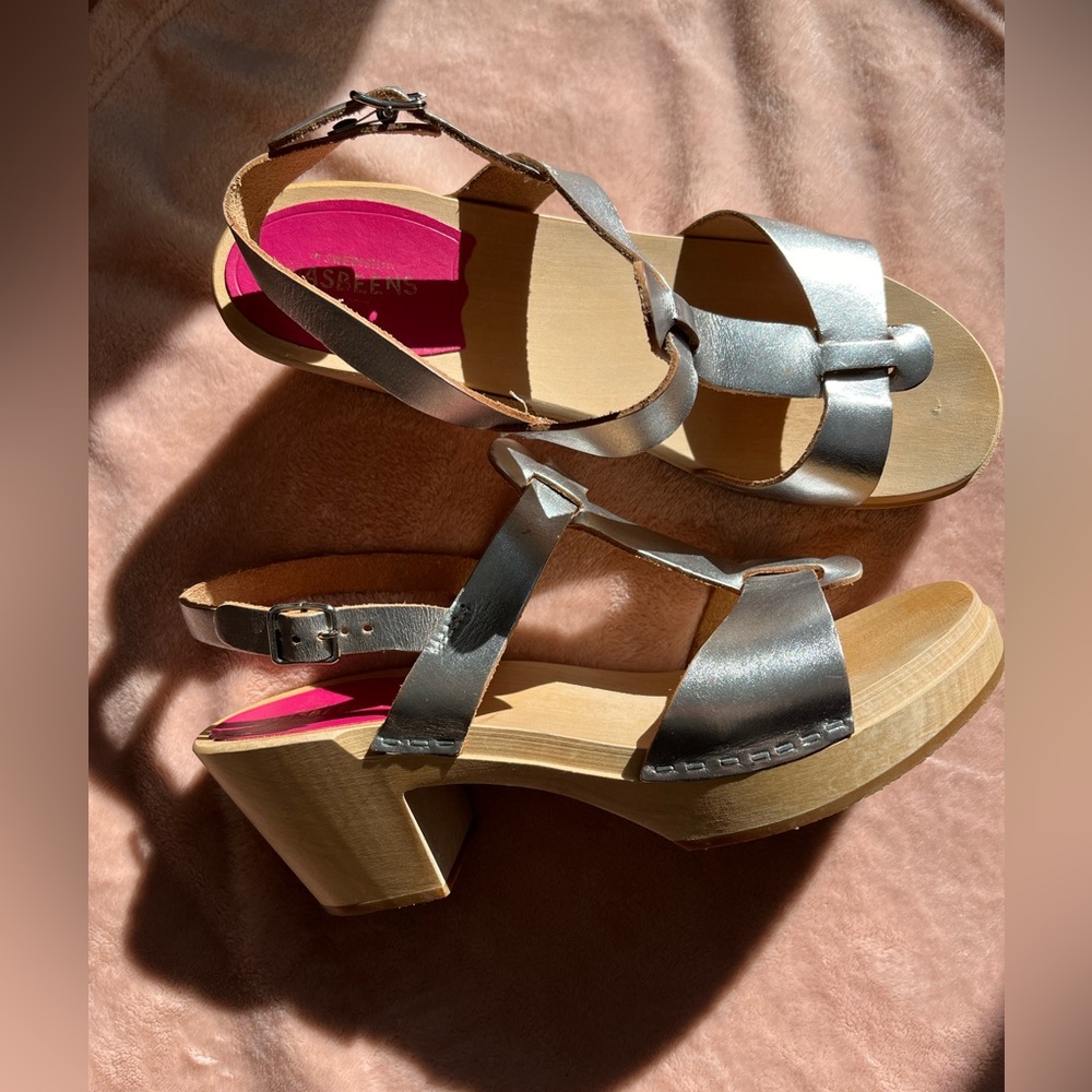 Swedish Hasbeens, silver wooden sandals